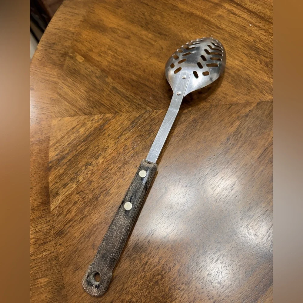 Vintage Slotted Spoon wooden handle HAPPY HOME Stainless USA